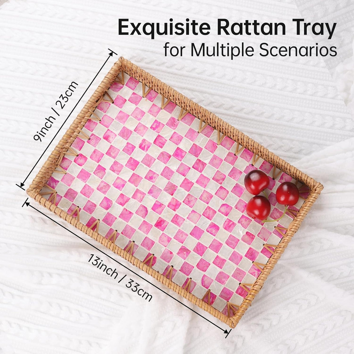Rectangle Rattan Tray with Mother of Pearl Inlay, Rattan Serving Tray with Handle for Coffee, Bread, Fruits, Decorative Wicker Tray for Table Decor (Rectangle Pink Checkerboard, 13"×9")