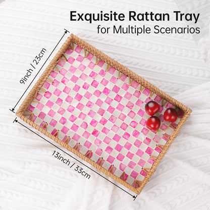Rectangle Rattan Tray with Mother of Pearl Inlay, Rattan Serving Tray with Handle for Coffee, Bread, Fruits, Decorative Wicker Tray for Table Decor (Rectangle Pink Checkerboard, 13"×9")
