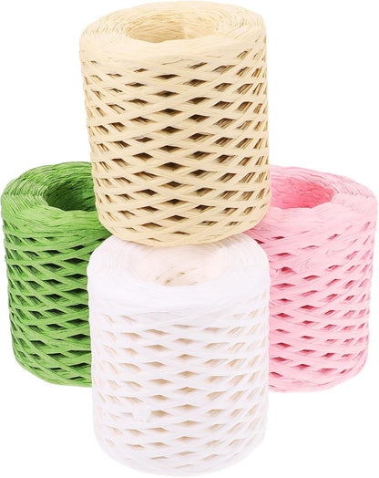 4 Rolls Raffia Ribbon Wrapping Twine Pack, Multi-Color (, Grass Green, Natural Beige, Peach) Craft Ribbon Supply for Holiday and Christmas Packing
