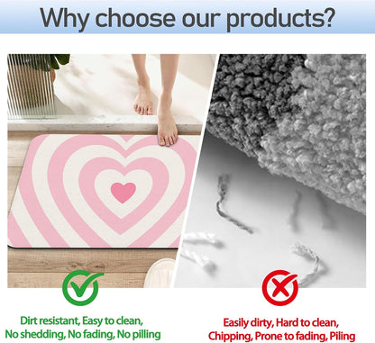 Pink Love Heart Bathroom Rug 29.5"x17", Super Absorbent Fast Drying Bath Mat with Non-Slip Rubber Backing, Thin Low-Profile Easy-Clean Bathroom Floor Mat for Shower or Tub