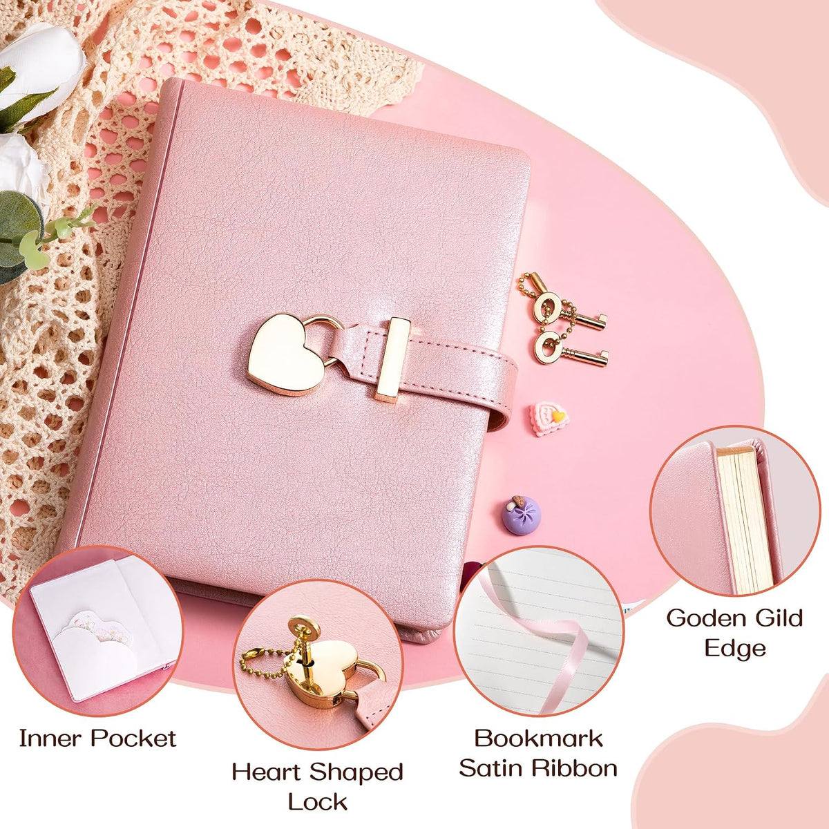 Diary with Lock and Key for Girls Ages 8-12, Pink Cute Locked Journal