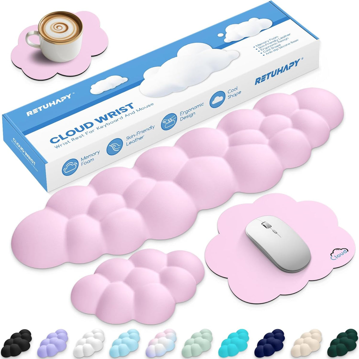 Cloud Wrist Rest Keyboard Cushion and Cloud Mouse Pad, Pink