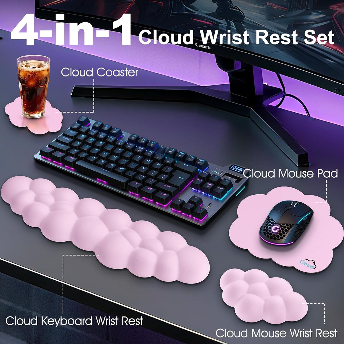 Cloud Wrist Rest Keyboard Cushion and Cloud Mouse Pad, Pink