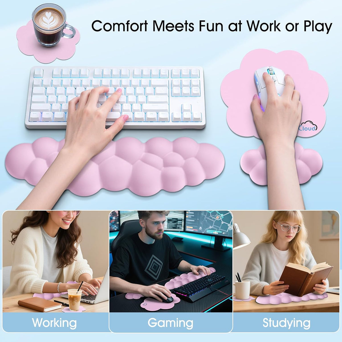 Cloud Wrist Rest Keyboard Cushion and Cloud Mouse Pad, Pink