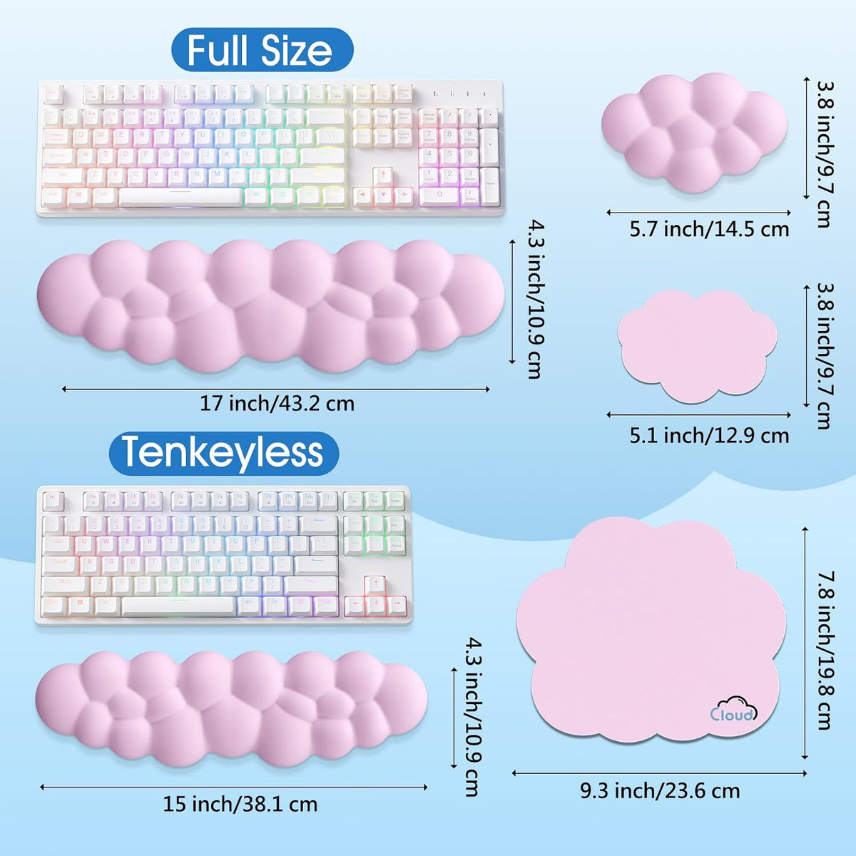 Cloud Wrist Rest Keyboard Cushion and Cloud Mouse Pad, Pink