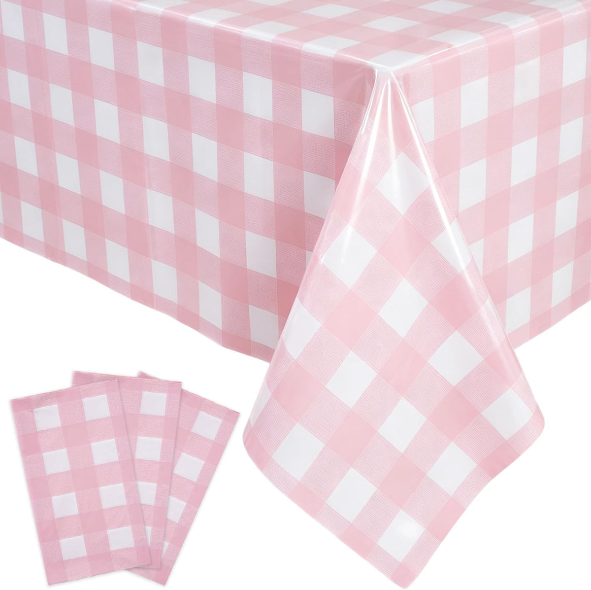 Pink Gingham Tablecloth - 3 Pack 54" × 108" Rectangle Disposable Pink and White Checkered Tablecloth, Picnic Table Cover for Party, Wedding, Birthday