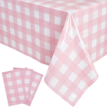 Pink Gingham Tablecloth - 3 Pack 54" × 108" Rectangle Disposable Pink and White Checkered Tablecloth, Picnic Table Cover for Party, Wedding, Birthday