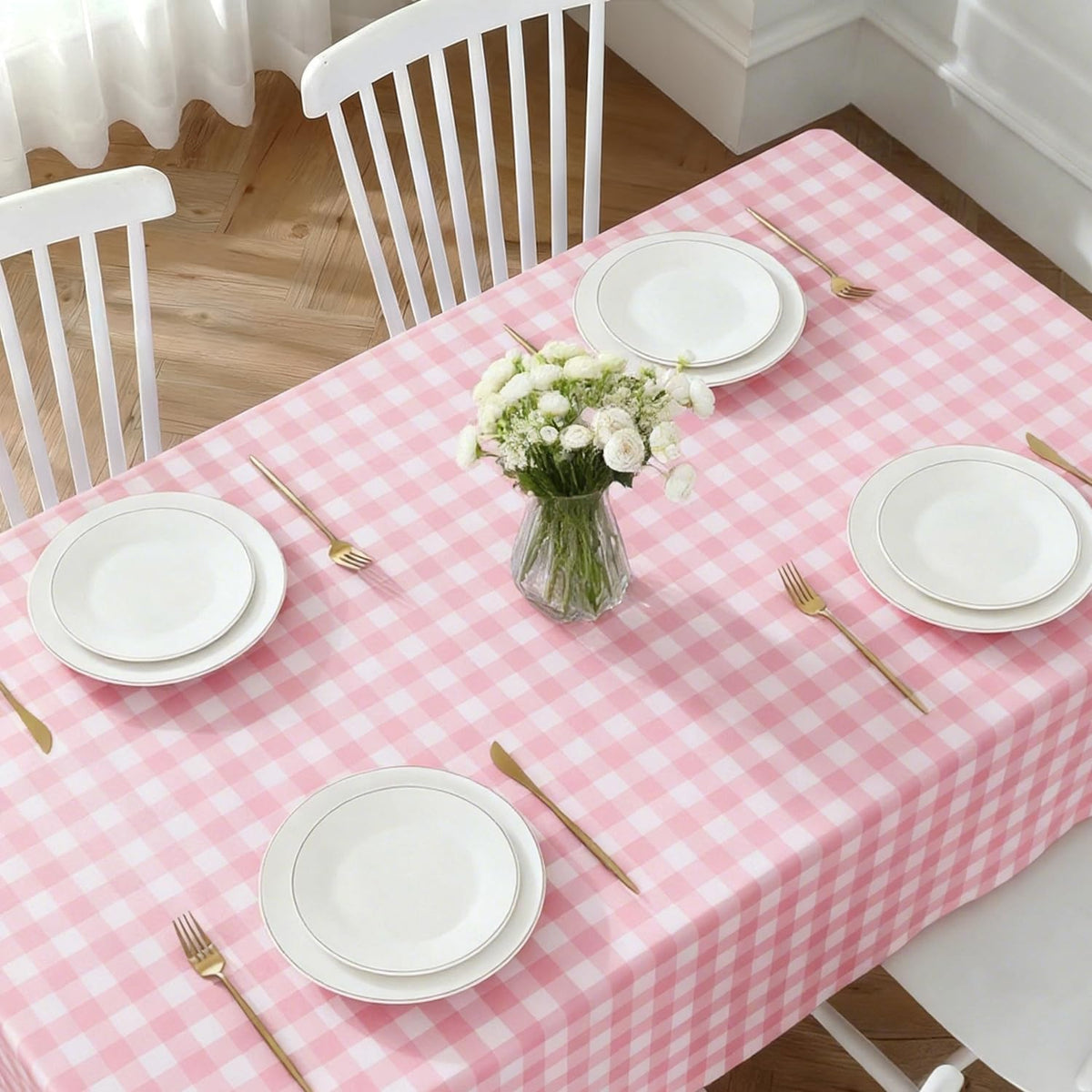 Pink Gingham Tablecloth - 3 Pack 54" × 108" Rectangle Disposable Pink and White Checkered Tablecloth, Picnic Table Cover for Party, Wedding, Birthday