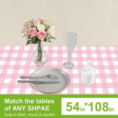 Pink Gingham Tablecloth - 3 Pack 54" × 108" Rectangle Disposable Pink and White Checkered Tablecloth, Picnic Table Cover for Party, Wedding, Birthday