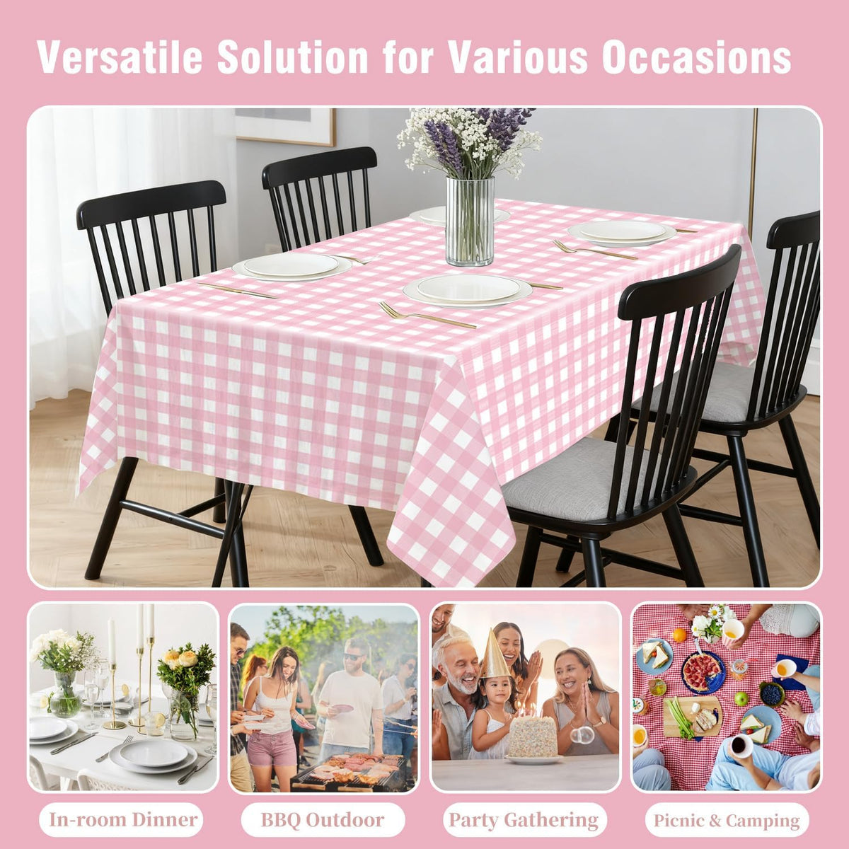 Pink Gingham Tablecloth - 3 Pack 54" × 108" Rectangle Disposable Pink and White Checkered Tablecloth, Picnic Table Cover for Party, Wedding, Birthday