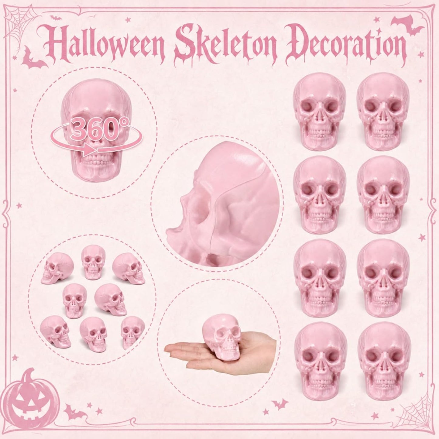 Seenelling 8 Pcs Halloween Skeleton Decor Pink Skull Heads 2x2.4x3in