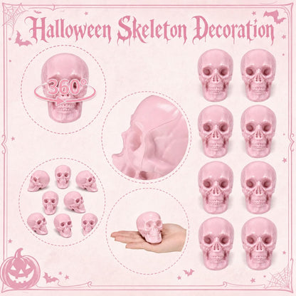 Seenelling 8 Pcs Halloween Skeleton Decor Pink Skull Heads 2x2.4x3in