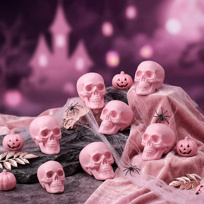Seenelling 8 Pcs Halloween Skeleton Decor Pink Skull Heads 2x2.4x3in