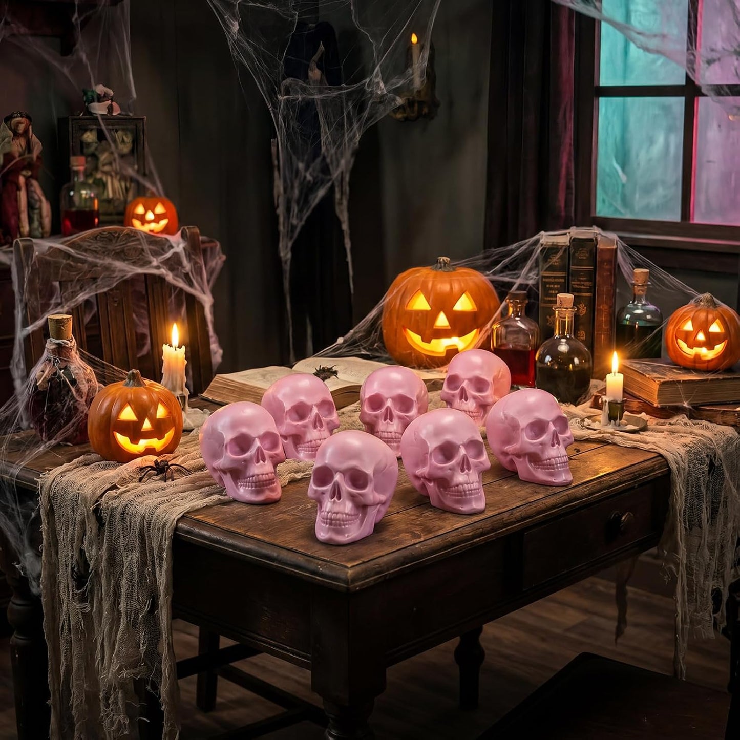 Seenelling 8 Pcs Halloween Skeleton Decor Pink Skull Heads 2x2.4x3in
