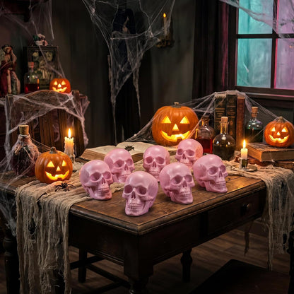 Seenelling 8 Pcs Halloween Skeleton Decor Pink Skull Heads 2x2.4x3in