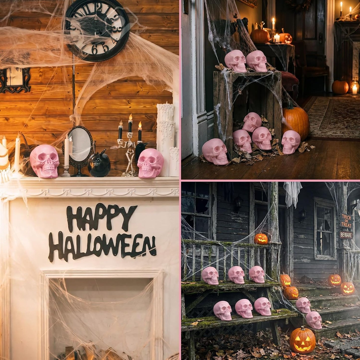 Seenelling 8 Pcs Halloween Skeleton Decor Pink Skull Heads 2x2.4x3in
