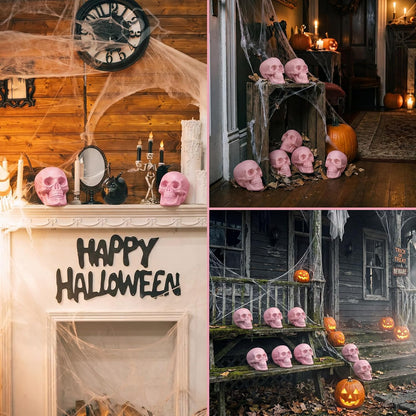 Seenelling 8 Pcs Halloween Skeleton Decor Pink Skull Heads 2x2.4x3in