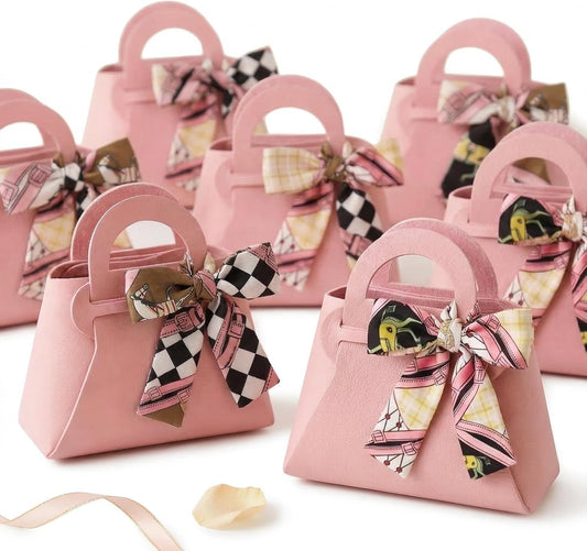 Small Gift Boxes with Bow Handle, Party Favor Boxes, 10 Pack, Pink, PU Leather for Wedding, Baby Shower, Birthday
