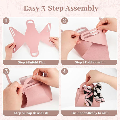 Small Gift Boxes with Bow Handle, Party Favor Boxes, 10 Pack, Pink, PU Leather for Wedding, Baby Shower, Birthday