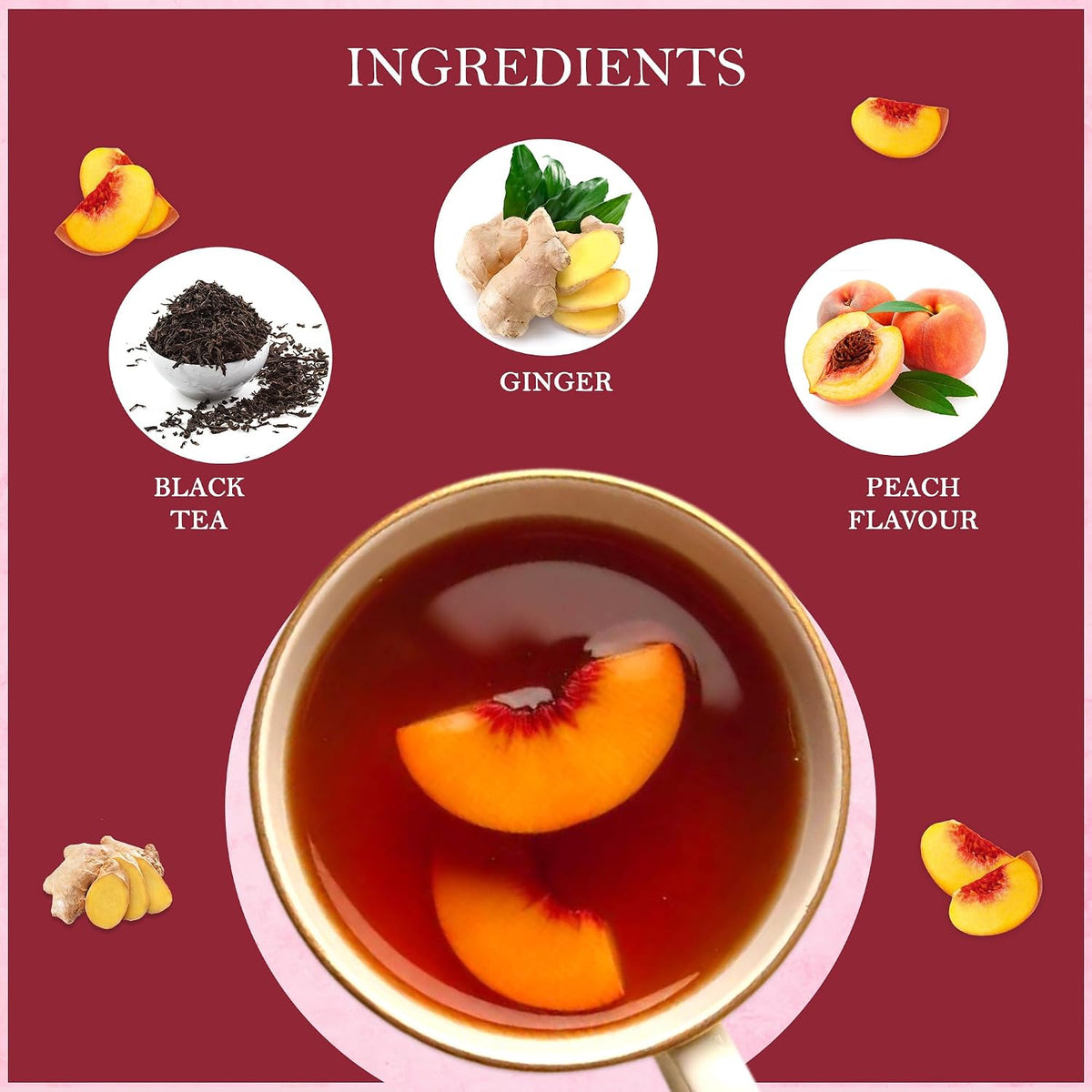 Peach Ginger Black Tea 100gm/3.5oz, Natural Herbal Infusion, 50 Tea Bags