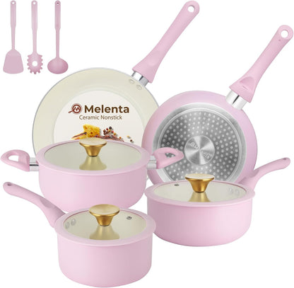 Pots and Pans Set Non Stick, 11pcs Pink Ceramic Cookware Set