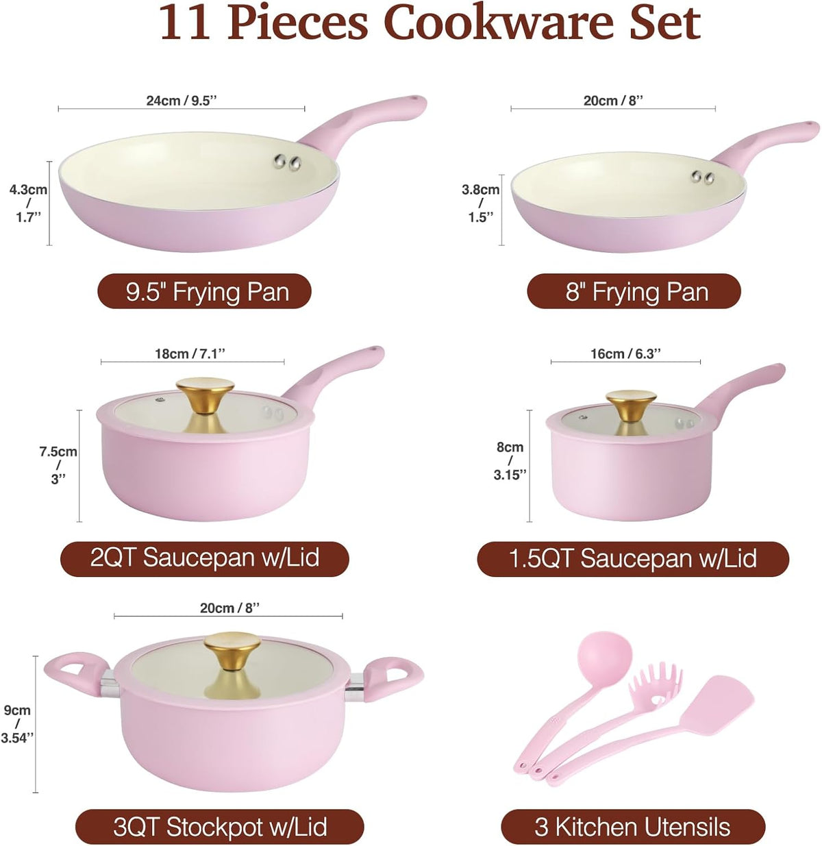 Pots and Pans Set Non Stick, 11pcs Pink Ceramic Cookware Set