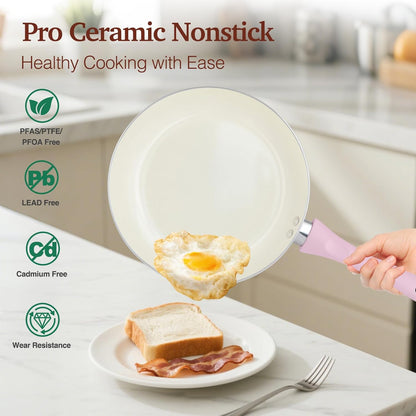 Pots and Pans Set Non Stick, 11pcs Pink Ceramic Cookware Set
