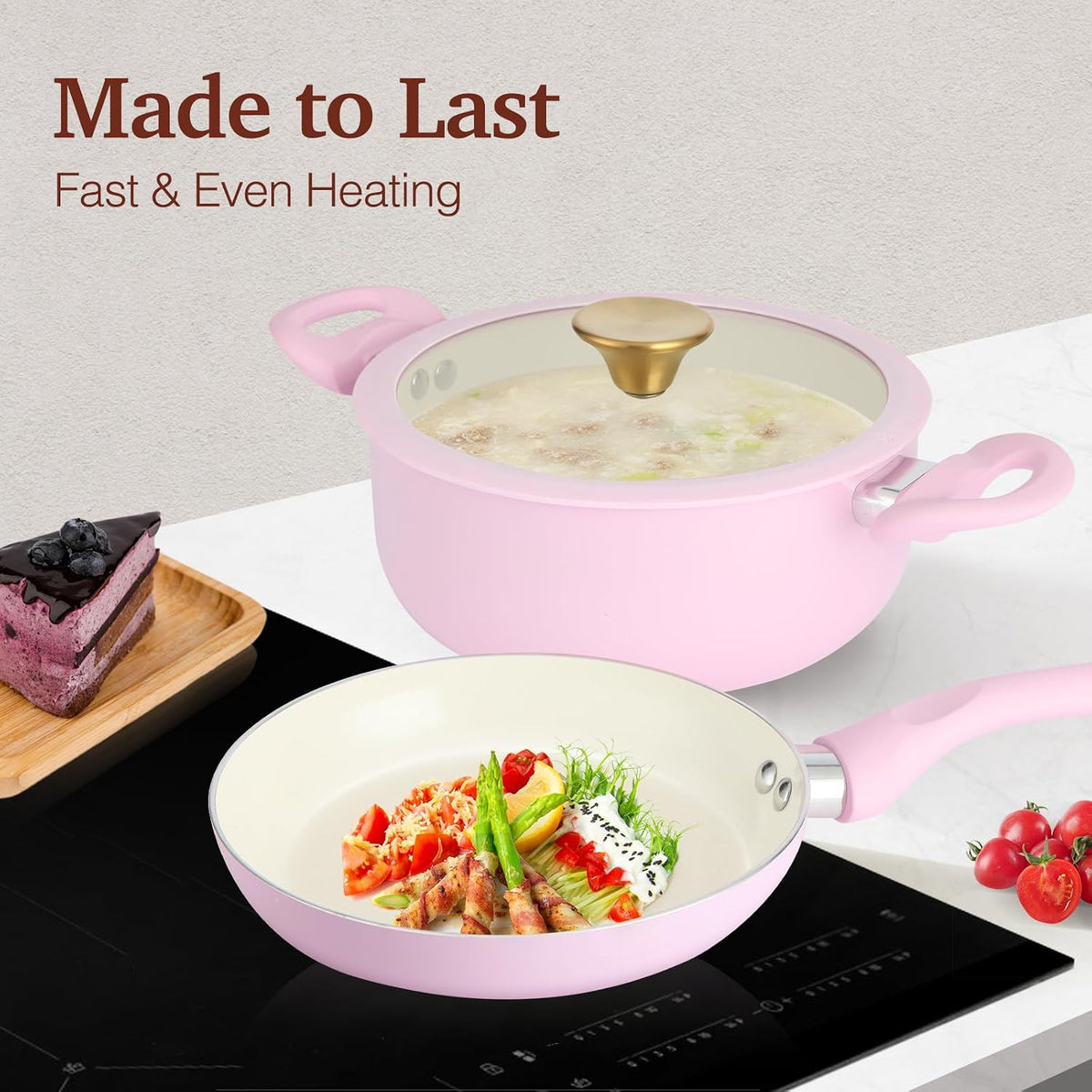 Pots and Pans Set Non Stick, 11pcs Pink Ceramic Cookware Set