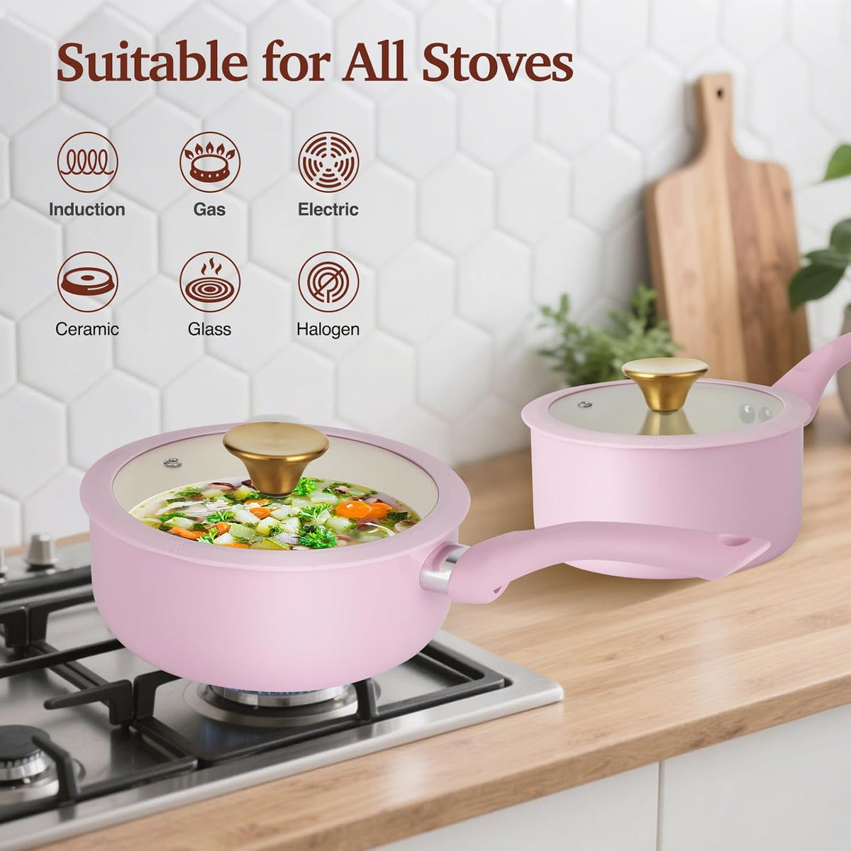 Pots and Pans Set Non Stick, 11pcs Pink Ceramic Cookware Set