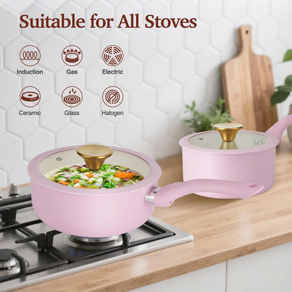 Pots and Pans Set Non Stick, 11pcs Pink Ceramic Cookware Set