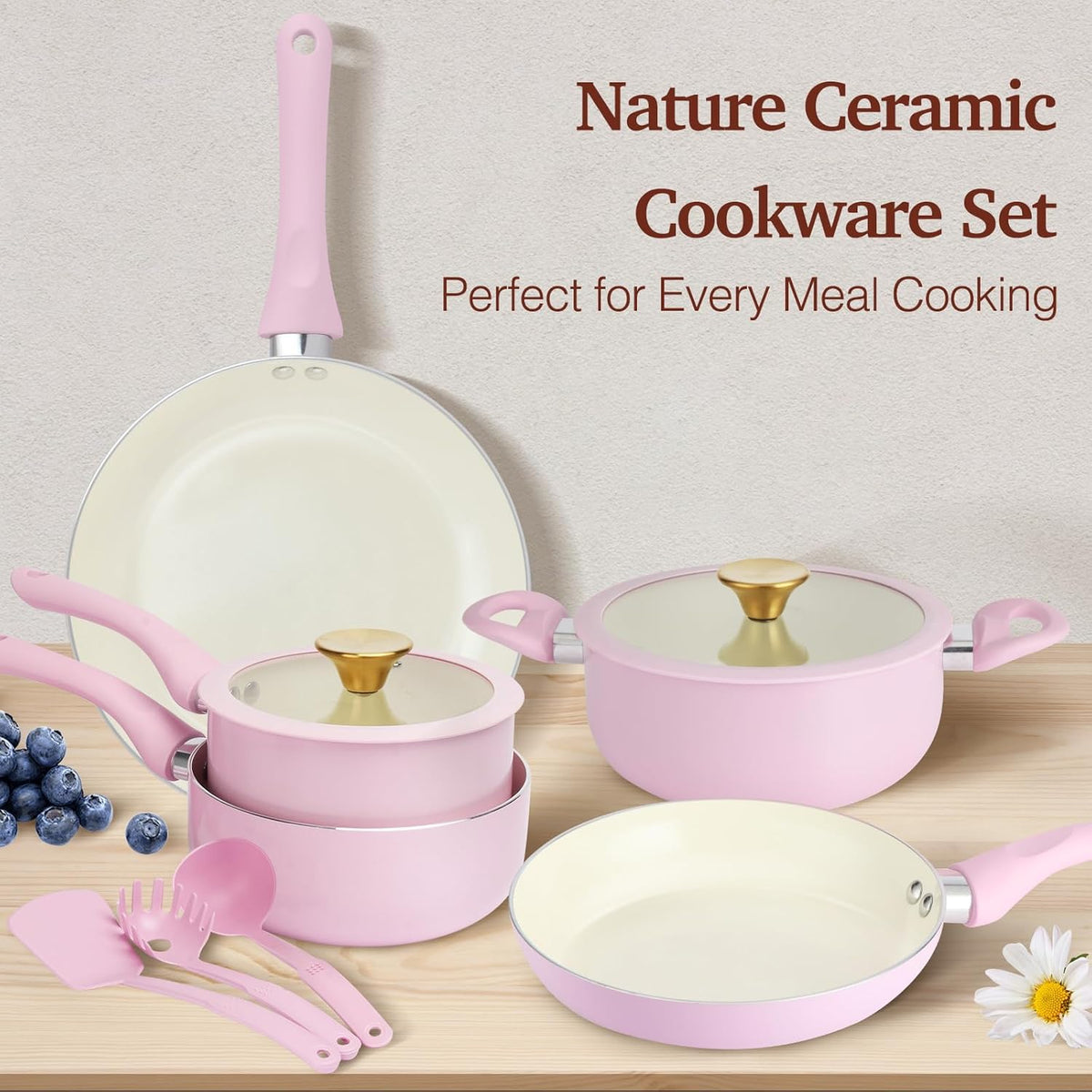 Pots and Pans Set Non Stick, 11pcs Pink Ceramic Cookware Set