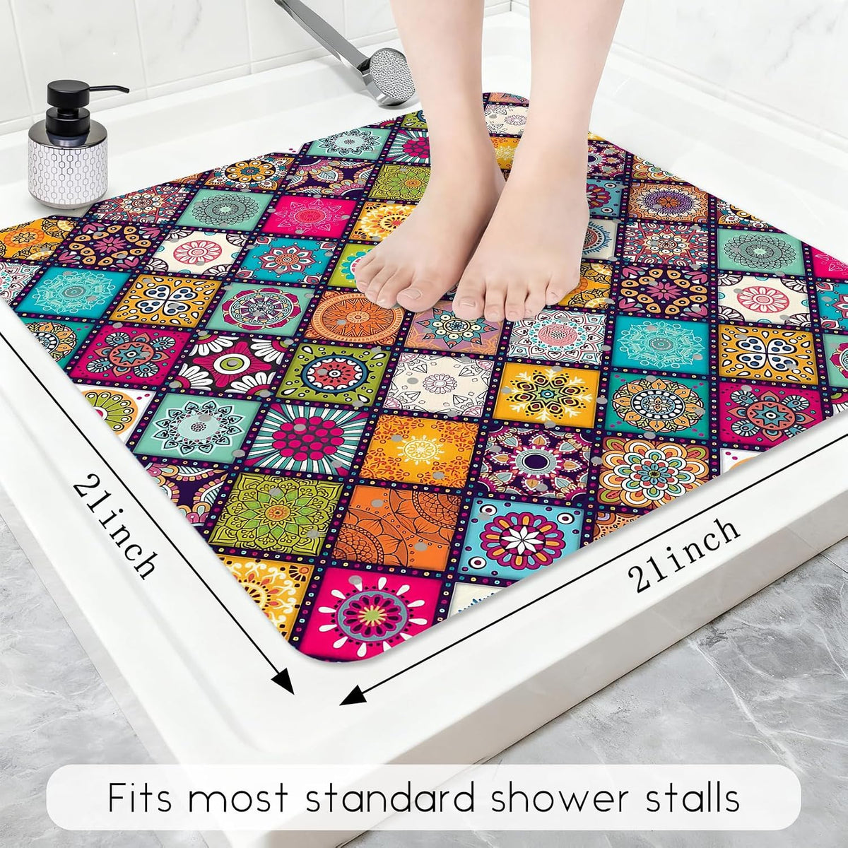 Non Slip, Bohemia Square Shower Floor Mat with Suction Cups for Adults Kids Elderly 21 X 21 Inch