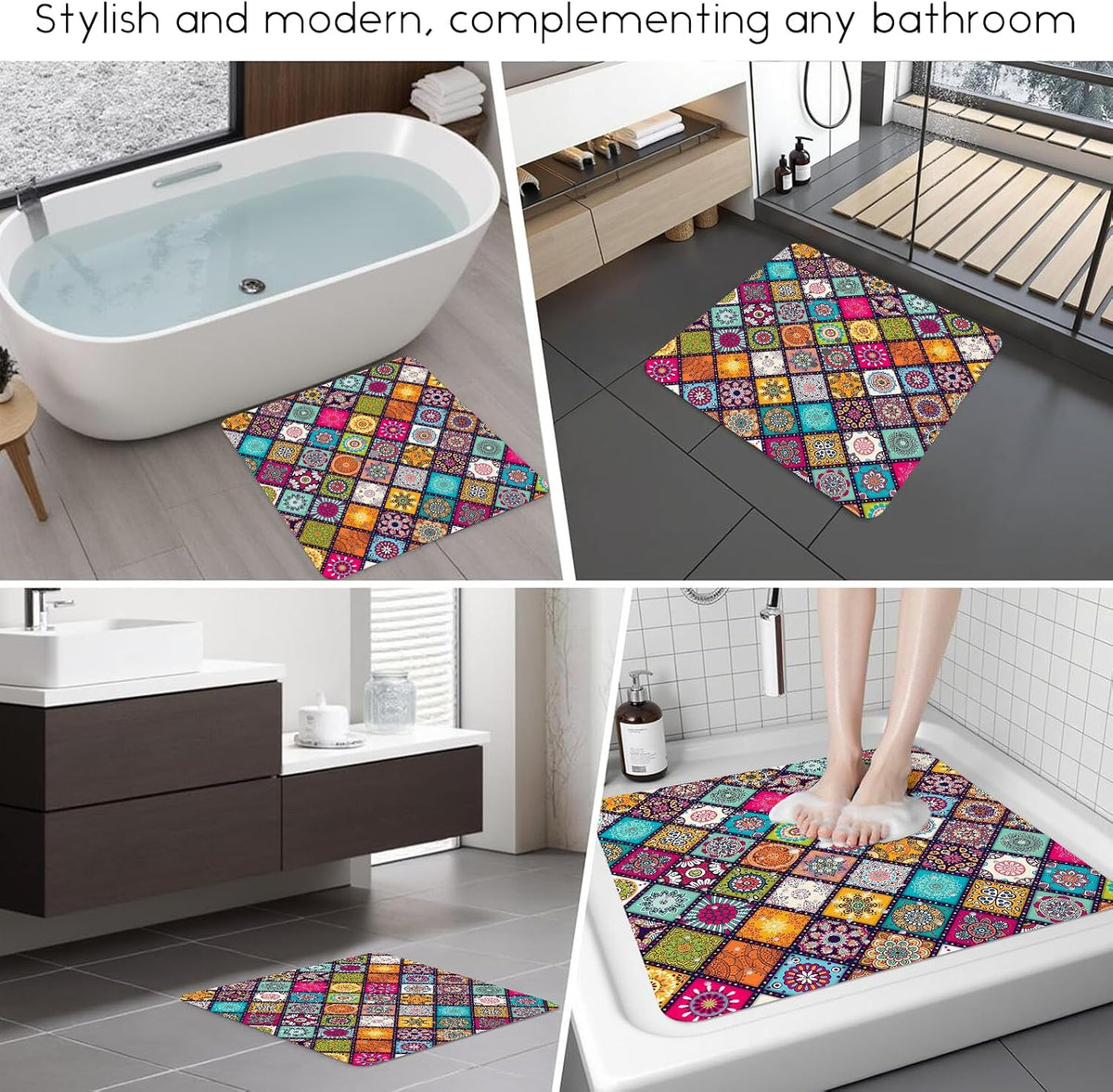 Non Slip, Bohemia Square Shower Floor Mat with Suction Cups for Adults Kids Elderly 21 X 21 Inch