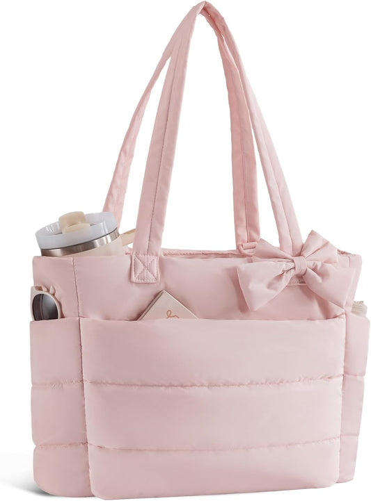 Puffer Tote Bag for Women, Quilted Bow Tote Bag with Cup Holder & Laptop Compartment for Work, Travel, Gym