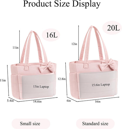 Puffer Tote Bag for Women, Quilted Bow Tote Bag with Cup Holder & Laptop Compartment for Work, Travel, Gym