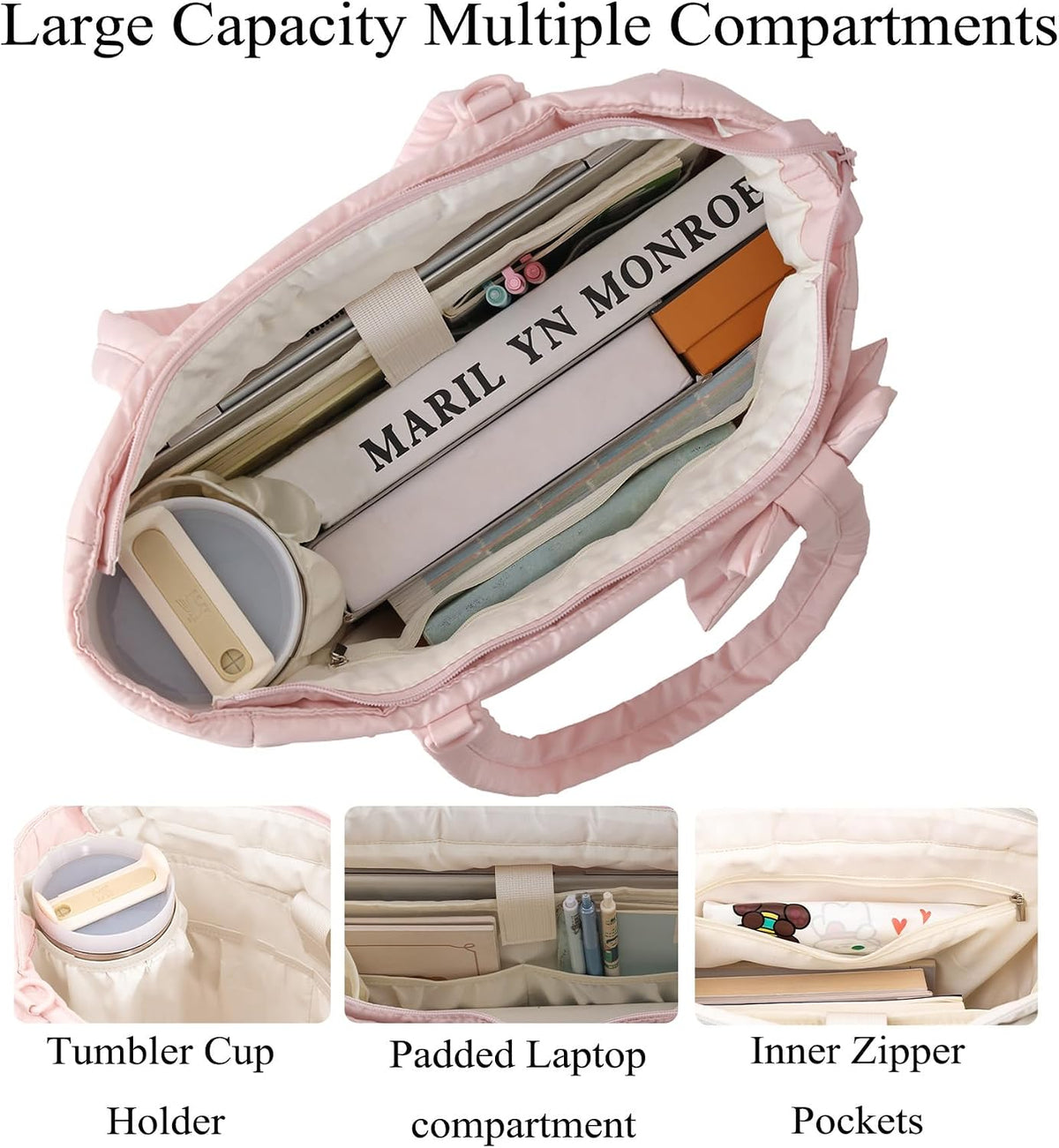 Puffer Tote Bag for Women, Quilted Bow Tote Bag with Cup Holder & Laptop Compartment for Work, Travel, Gym