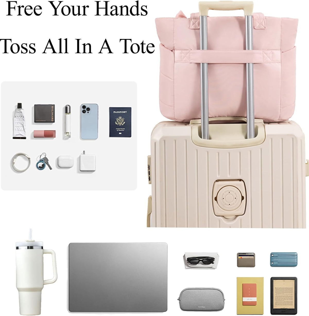 Puffer Tote Bag for Women, Quilted Bow Tote Bag with Cup Holder & Laptop Compartment for Work, Travel, Gym