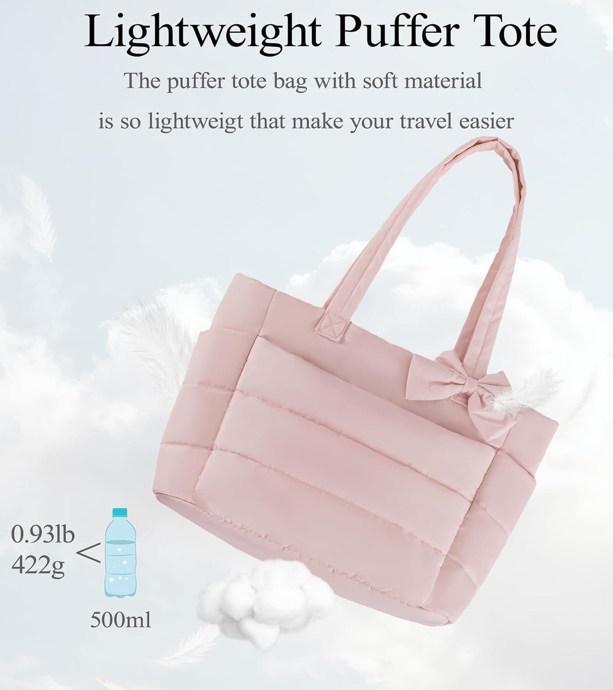 Puffer Tote Bag for Women, Quilted Bow Tote Bag with Cup Holder & Laptop Compartment for Work, Travel, Gym