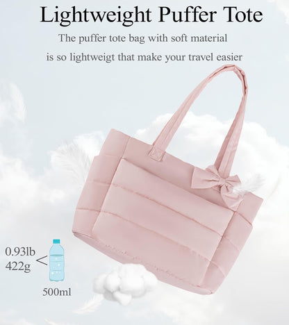 Puffer Tote Bag for Women, Quilted Bow Tote Bag with Cup Holder & Laptop Compartment for Work, Travel, Gym