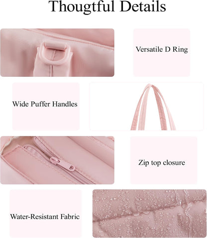 Puffer Tote Bag for Women, Quilted Bow Tote Bag with Cup Holder & Laptop Compartment for Work, Travel, Gym