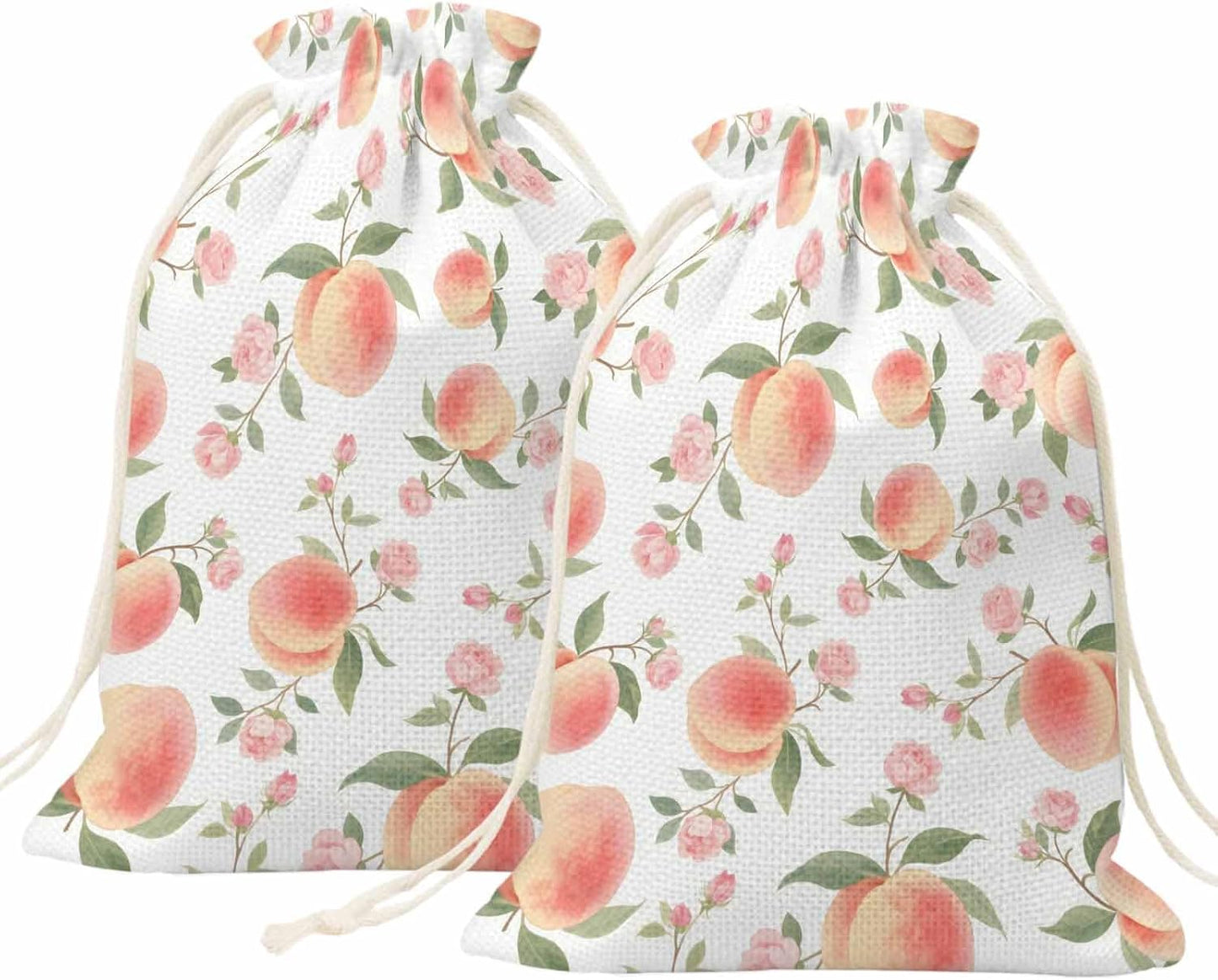 Victoroes Peach Drawstring Gift Bags 2 Pcs 11.8" x 15.7" Medium Summer Peach Flower Spring Gift Bag Reusable Fabric Wrap Bags for Wedding Party Birthday Holiday