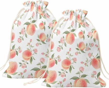 Victoroes Peach Drawstring Gift Bags 2 Pcs 11.8" x 15.7" Medium Summer Peach Flower Spring Gift Bag Reusable Fabric Wrap Bags for Wedding Party Birthday Holiday