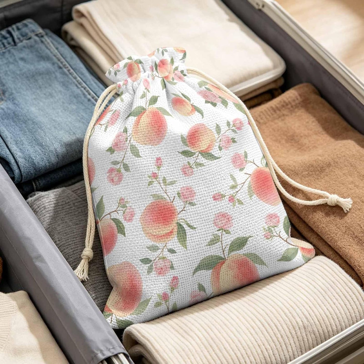 Victoroes Peach Drawstring Gift Bags 2 Pcs 11.8" x 15.7" Medium Summer Peach Flower Spring Gift Bag Reusable Fabric Wrap Bags for Wedding Party Birthday Holiday