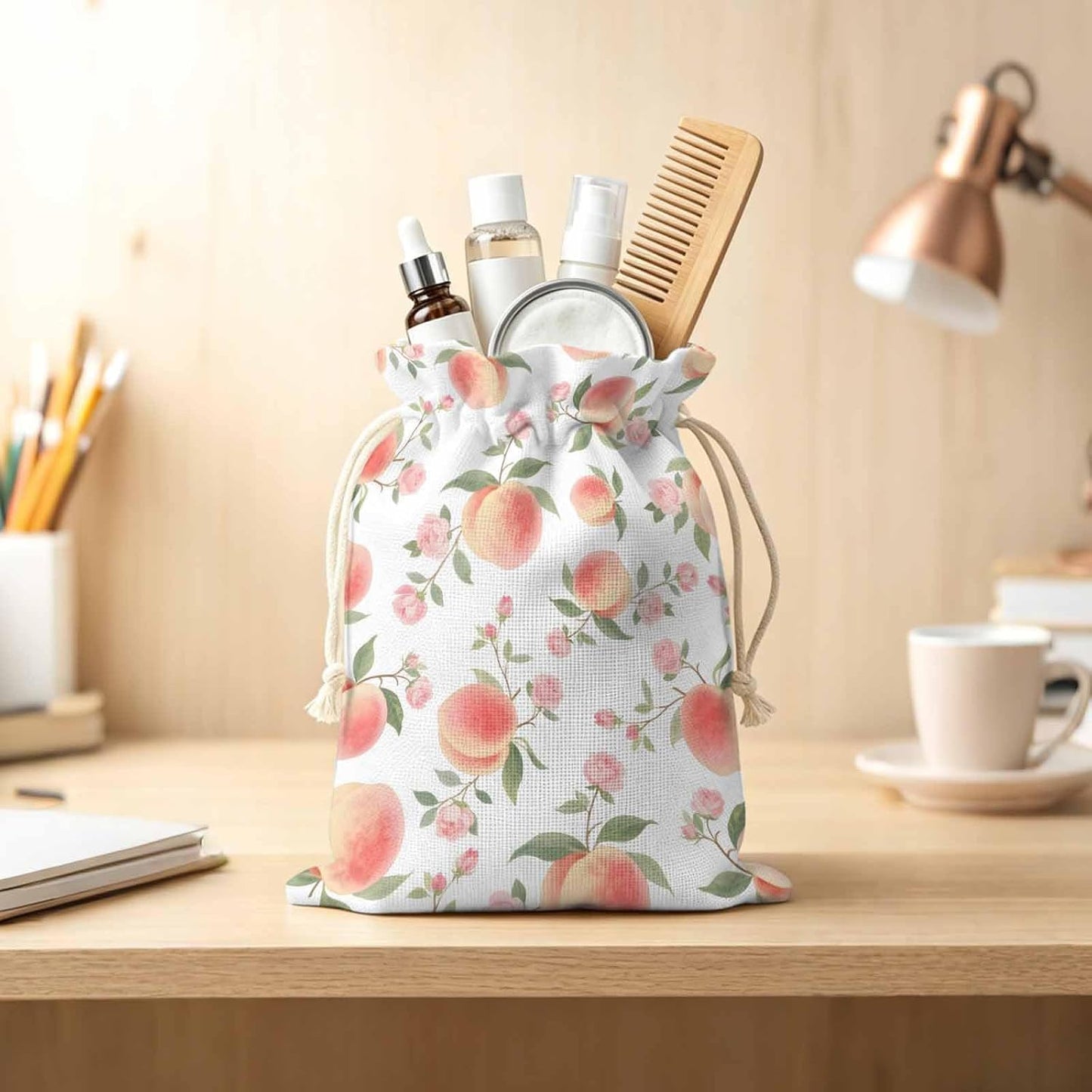 Victoroes Peach Drawstring Gift Bags 2 Pcs 11.8" x 15.7" Medium Summer Peach Flower Spring Gift Bag Reusable Fabric Wrap Bags for Wedding Party Birthday Holiday