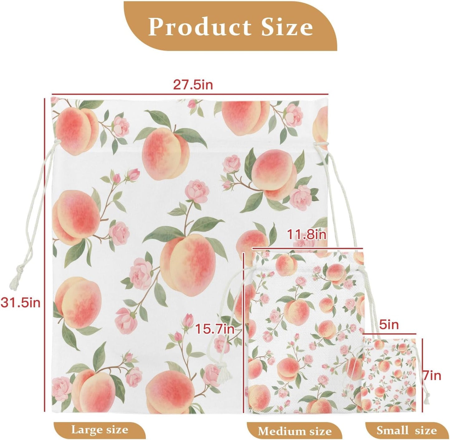 Victoroes Peach Drawstring Gift Bags 2 Pcs 11.8" x 15.7" Medium Summer Peach Flower Spring Gift Bag Reusable Fabric Wrap Bags for Wedding Party Birthday Holiday