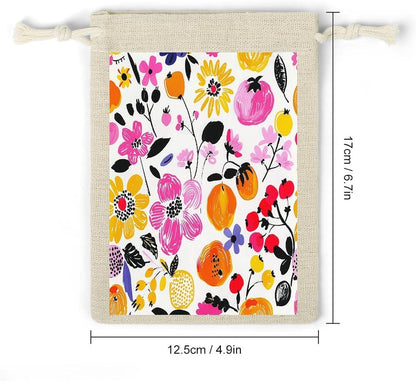 Bright Peach Flowers Drawstring Gift Bags 8 Pack Reusable Cotton Linen Burlap Favor Bags for Wedding Party Favors, Holiday Gift Packaging, Jewelry Pouch