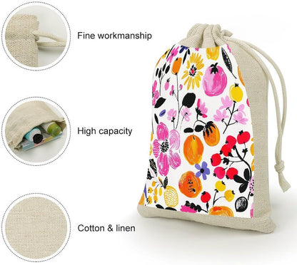 Bright Peach Flowers Drawstring Gift Bags 8 Pack Reusable Cotton Linen Burlap Favor Bags for Wedding Party Favors, Holiday Gift Packaging, Jewelry Pouch