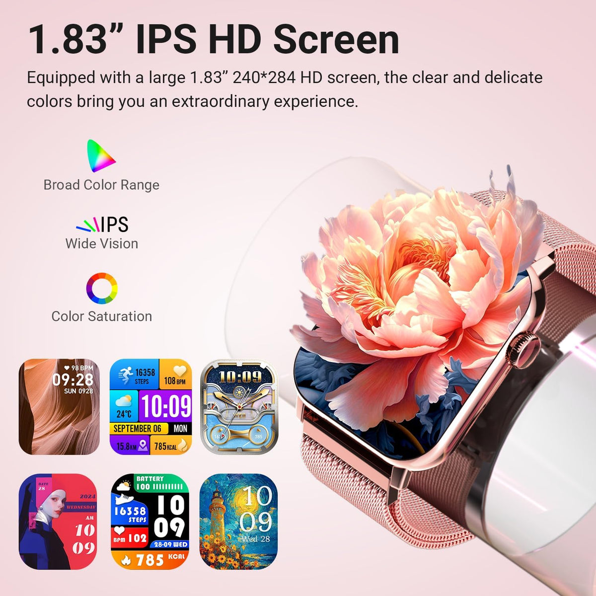 Smart Watches for Women, 1.83'' HD Fitness Tracker with Answer/Make Calls, Heart Rate/Sleep/SpO2 Monitor, 120+ Sport Modes, IP68 Waterproof, Compatible iPhone/Android Rose Pink