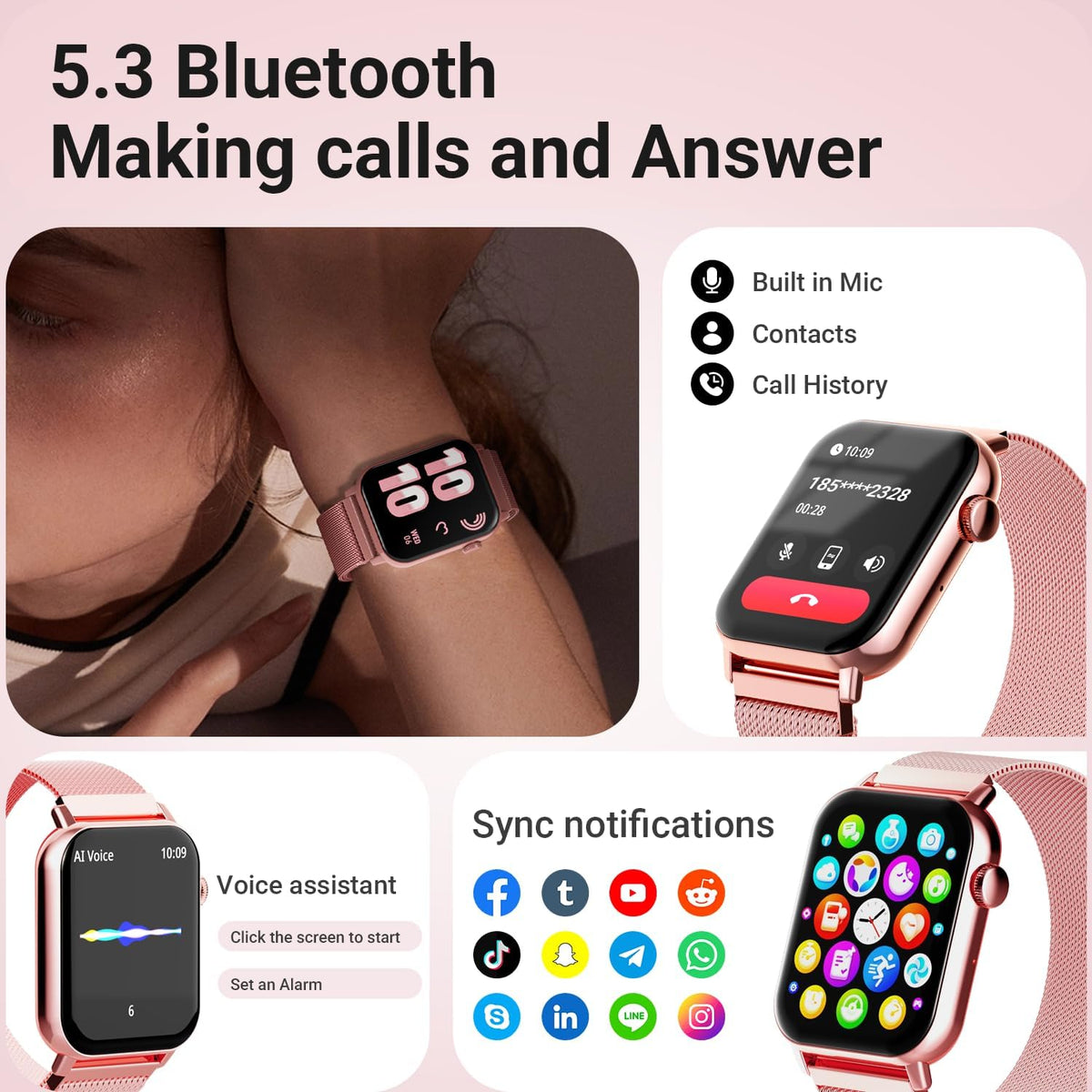 Smart Watches for Women, 1.83'' HD Fitness Tracker with Answer/Make Calls, Heart Rate/Sleep/SpO2 Monitor, 120+ Sport Modes, IP68 Waterproof, Compatible iPhone/Android Rose Pink