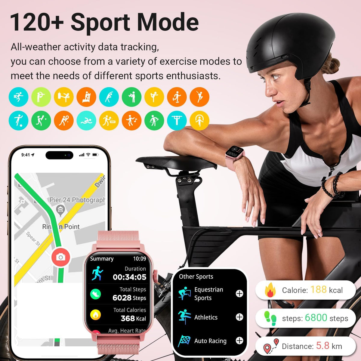 Smart Watches for Women, 1.83'' HD Fitness Tracker with Answer/Make Calls, Heart Rate/Sleep/SpO2 Monitor, 120+ Sport Modes, IP68 Waterproof, Compatible iPhone/Android Rose Pink